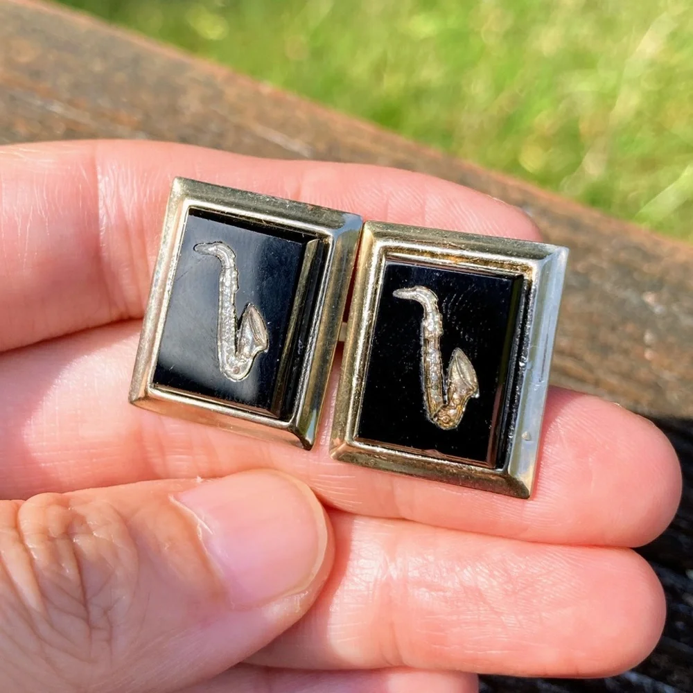Vintage Black Glass Etched Saxophone Silver Tone Cufflinks